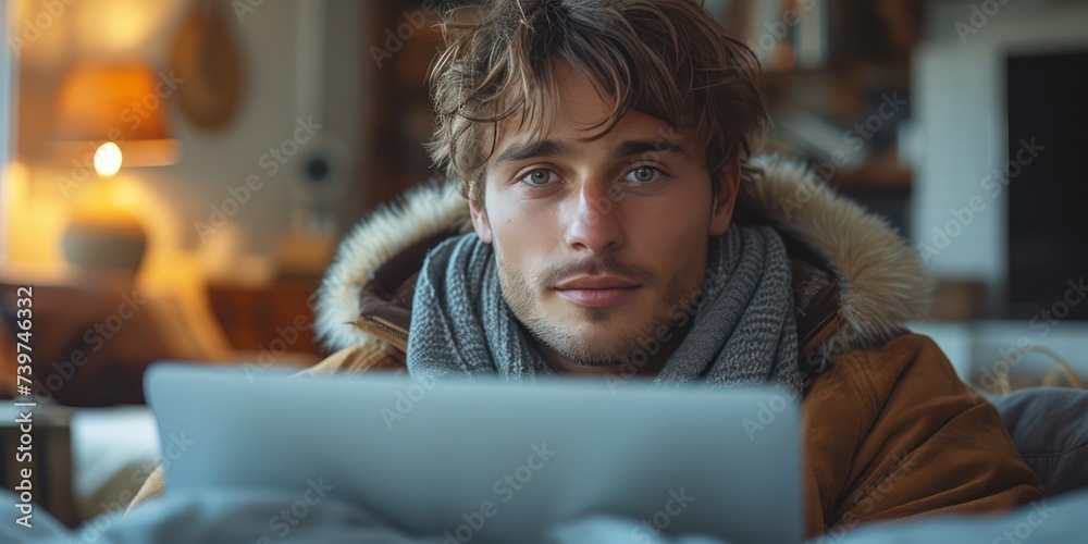 Happy young man sitting in front of a laptop working at home, natural colors light background Happy young man sitting in front of a laptop working at home, natural colors light background