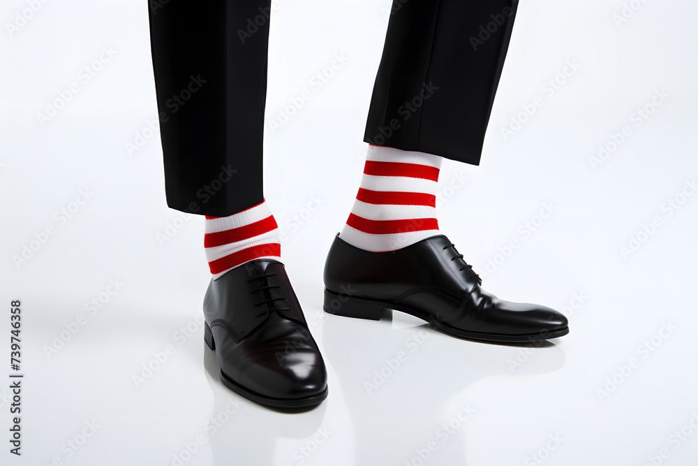 Feet of man in business pants and shoes with funny red and white striped socks