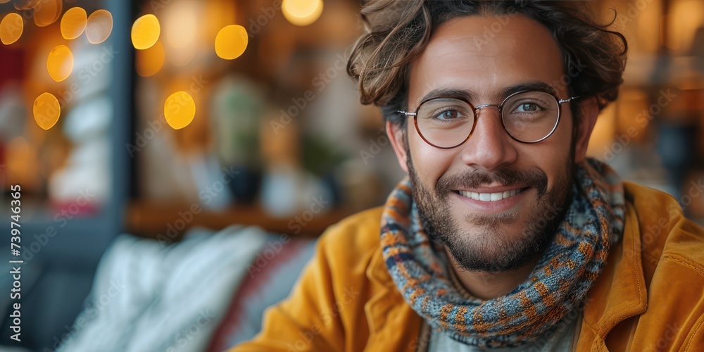 Happy young man sitting in front of a laptop working at home, natural colors light background