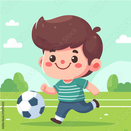happy little boy playing soccer ball in the field cartoon character illustration