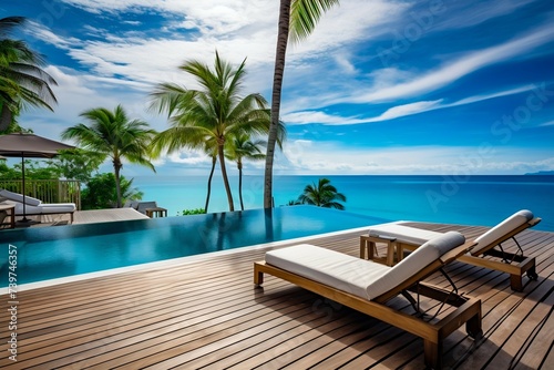 Tropical Resort Infinity Pool Overlooking the Ocean. Generative ai © Yevheniiya