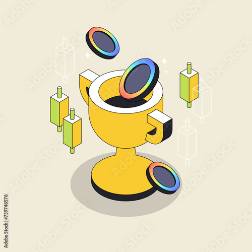 Concept of award or prize for winning business competition, financial profit, success. Modern isometric vector illustration.