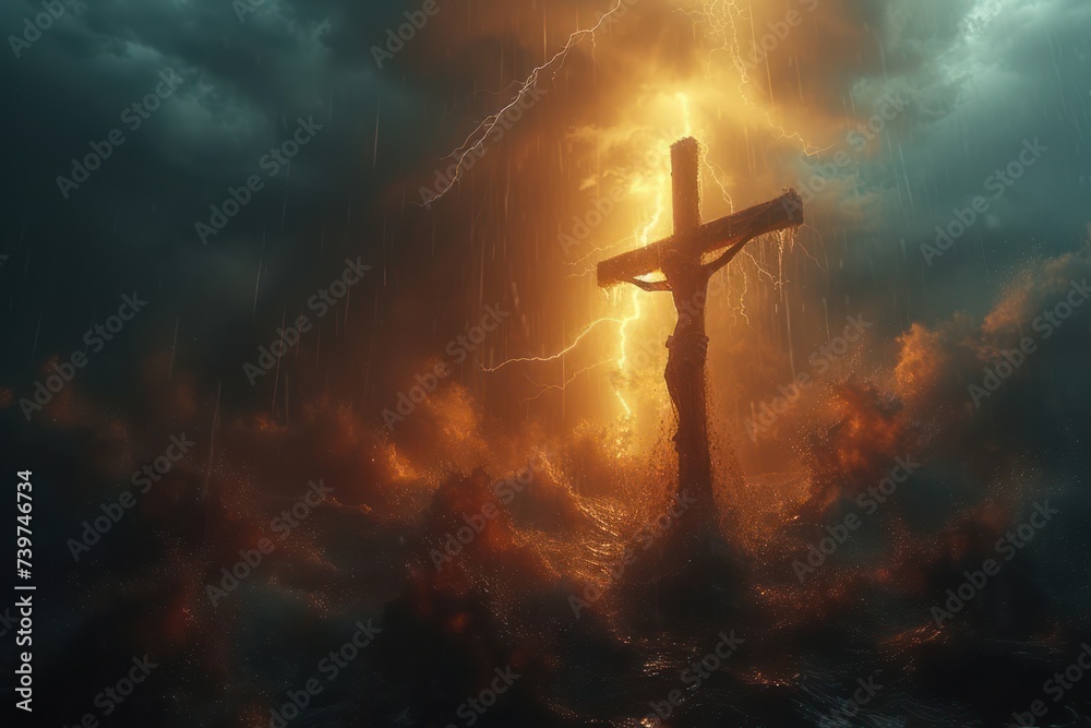 Jesus Christ on the cross, thunder lightning storm dark clouds in the background Jesus Christ on the cross, thunder lightning storm dark clouds in the background