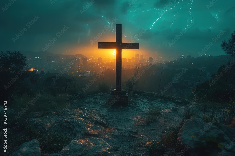 Jesus Christ on the cross, thunder lightning storm dark clouds in the background Jesus Christ on the cross, thunder lightning storm dark clouds in the background