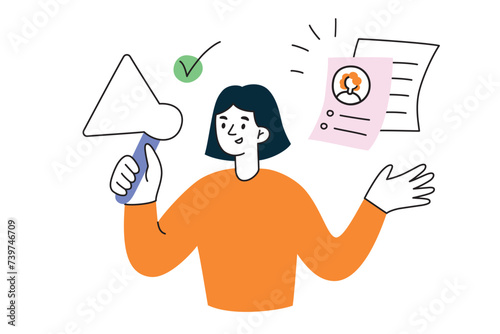 Recruitment for job, we are hiring composition, flat cartoon character with megaphone, hr manager searching for employees, head hunting vector illustration, web banner, advertising company vacancies