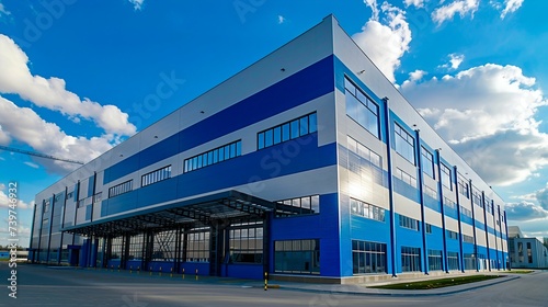 Modern Industrial Warehouse with Striking Blue Accents. Generative ai