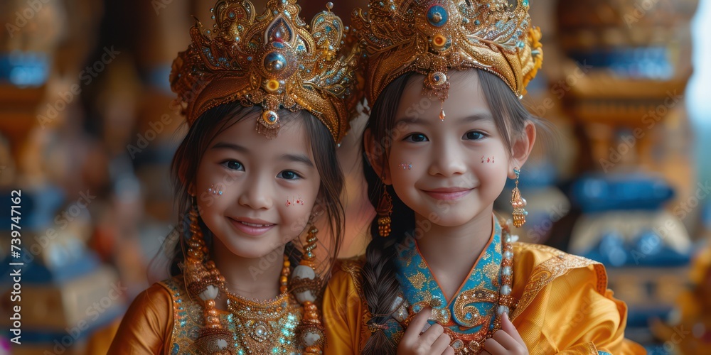 Young Asian boy and girl happily, in national cultural costumes for the festival, Raising hands namaste to say hello and thank you