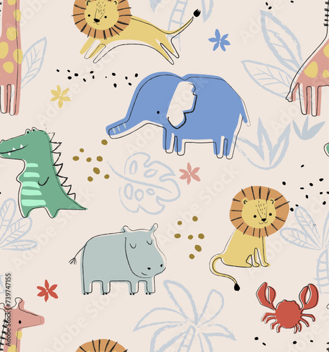set with tropical animals. Creative nursery pencil drawing effect background. Perfect for kids design, fabric, wrapping, wallpaper, textile, apparel