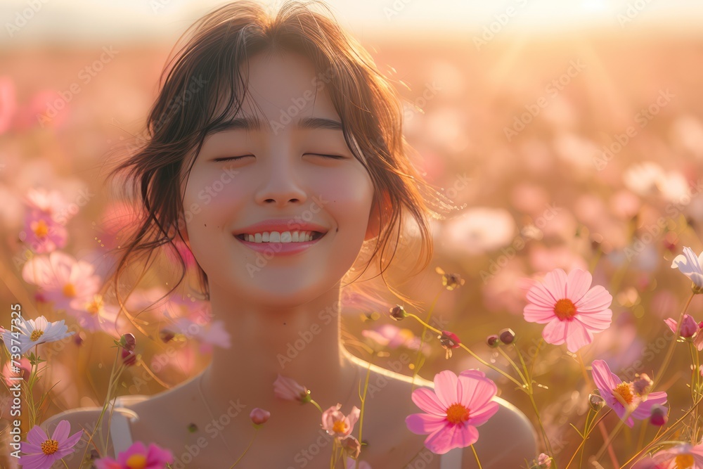 Portrait of happy Asian cut girl laughing and smiling, showing thank you, namaste gesture, grateful standing over flower field, morning sun warm light Portrait of happy Asian cut girl laughing and smiling, showing thank you, namaste gesture, grateful standing over flower field, morning sun warm light