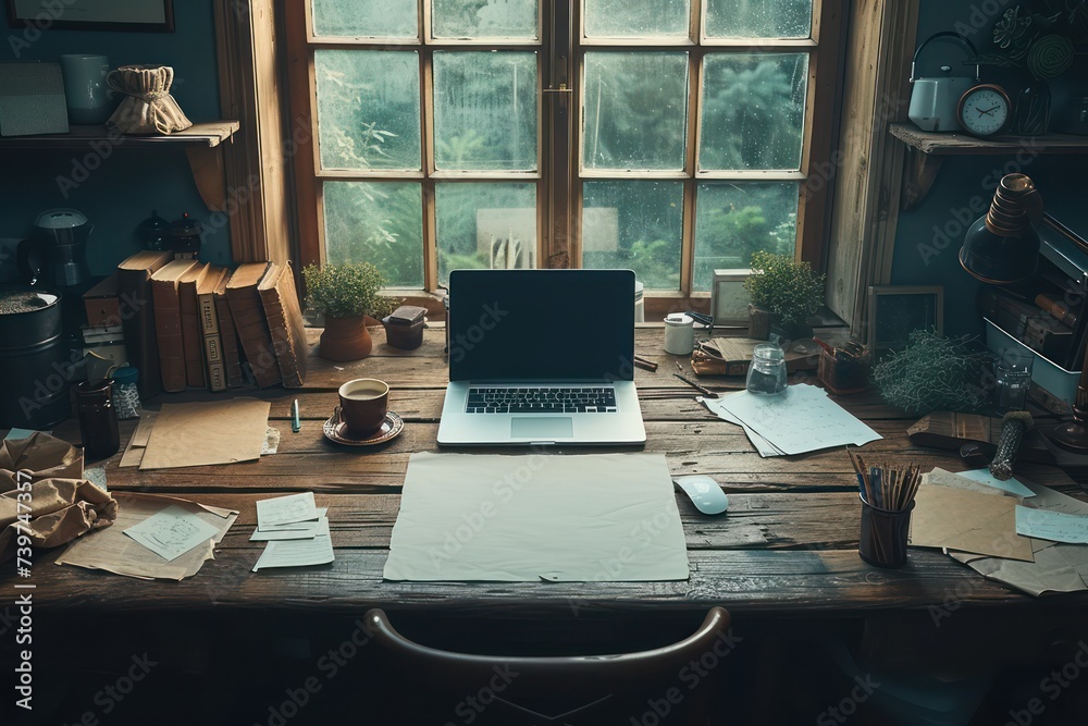 Staring at a blank sketchpad on a desk, coffee on the desk, crumpled papers everywhere, a laptop, pencils Staring at a blank sketchpad on a desk, coffee on the desk, crumpled papers everywhere, a laptop, pencils