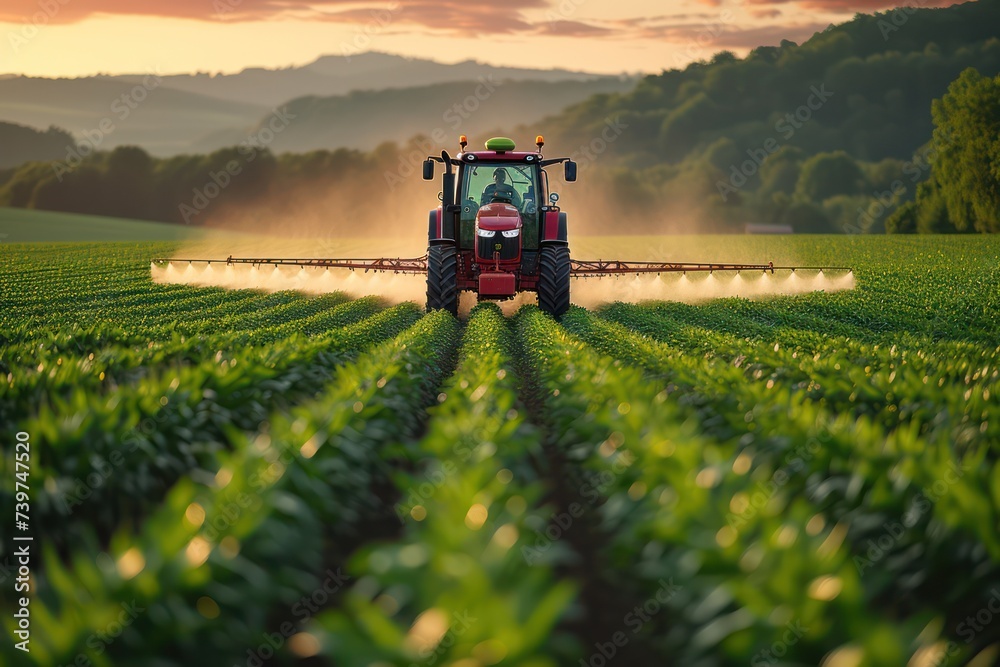 Tractor spraying pesticides in green corns field during springtime Tractor spraying pesticides in green corns field during springtime