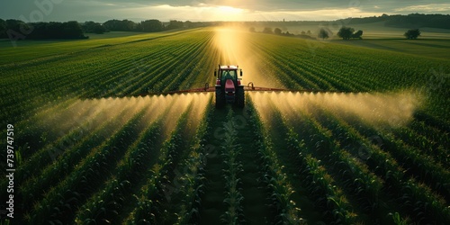 Tractor spraying pesticides in green corns field during springtime