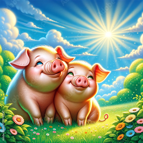 A joyful depiction of two pigs in a lush meadow under a clear sky, showcasing their companionship and the simple joys of life amidst nature.