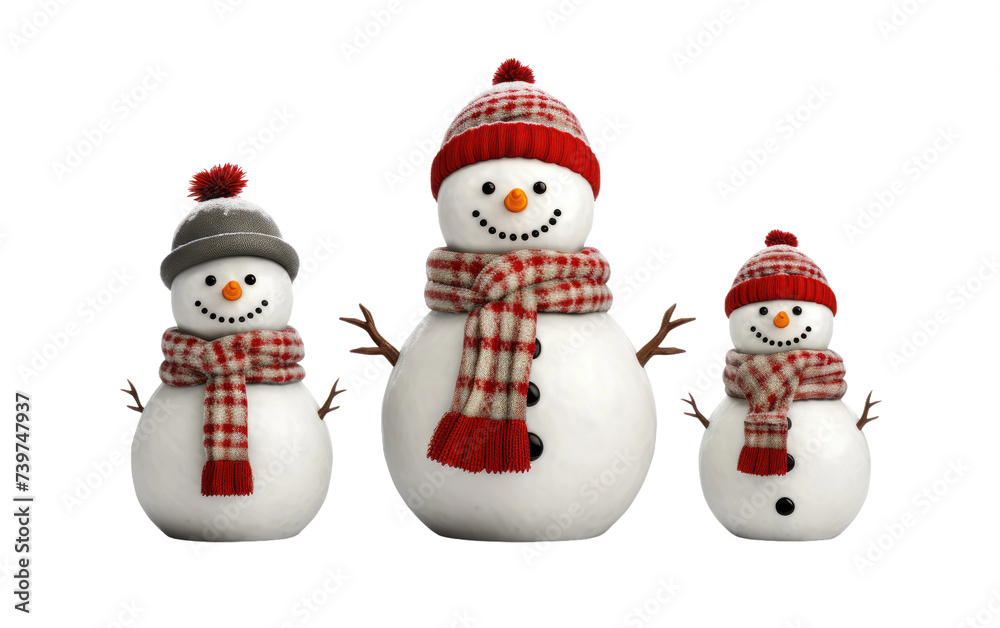 Three Snowmen Wearing Hats and Scarves. Three snowmen standing side by side, each wearing a hat and scarf. on a White or Clear Surface PNG Transparent Background.