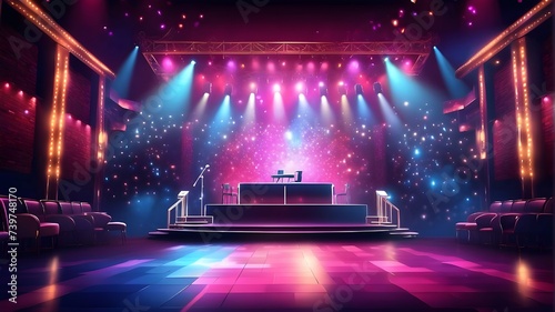 a brilliant karaoke show with spotlights, blazing concert stage lights, bokeh neon glow, glittery nightclub disco, glittery music, live musical rock, and an empty theater club.