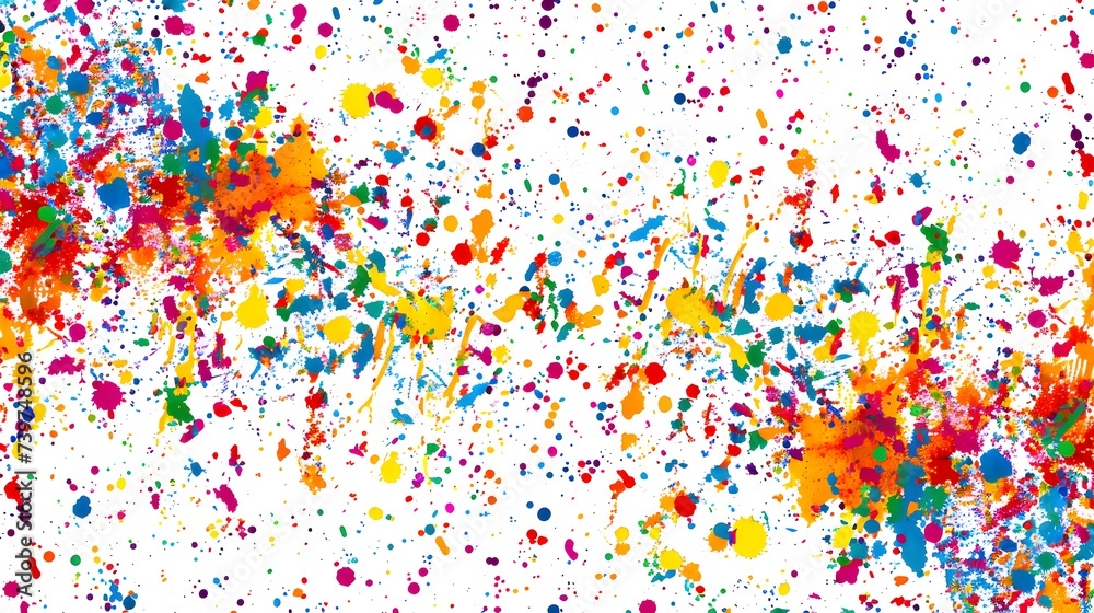 Specks and flicks of rainbow multicolored paint on white paper background