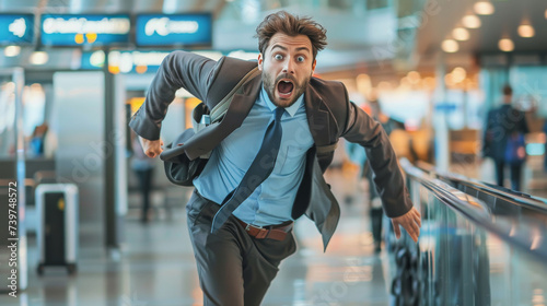 A man in a business suit is late for his flight and runs through the airport with a scared face.