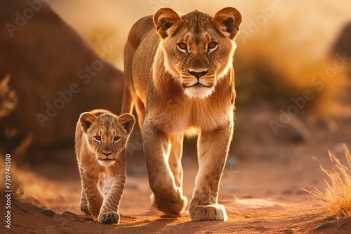 A lion with a little lion cub walks on safari photo