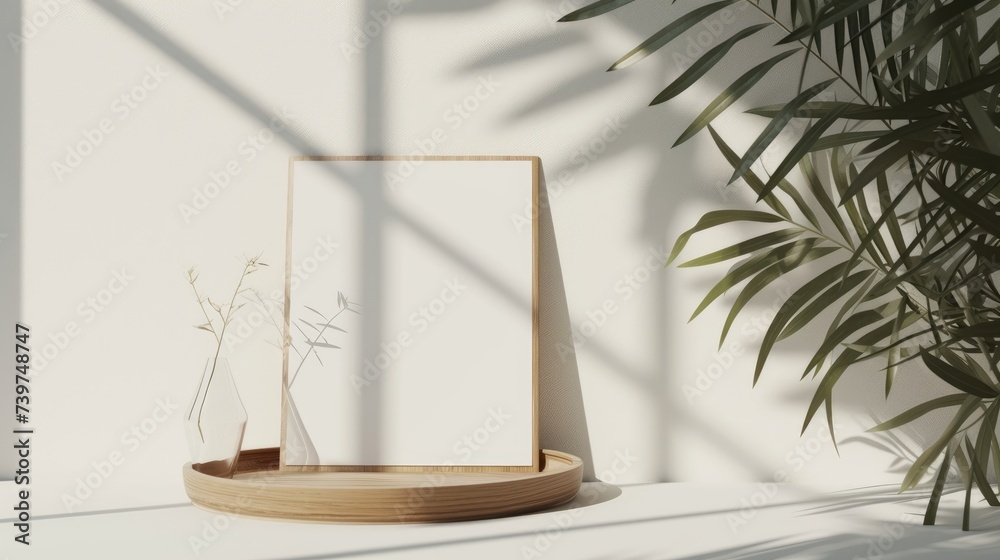 Blank greeting card on round wooden plate with glass vase and palm tree on white concrete wall exposed bright sunlight. 3D Greeting card birthday mockup
