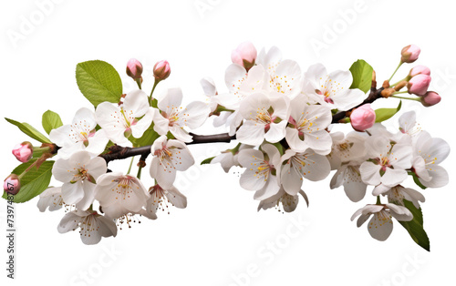 Branch With White Flowers and Green Leaves. A branch covered in white flowers and surrounded by vibrant green leaves. on a White or Clear Surface PNG Transparent Background.