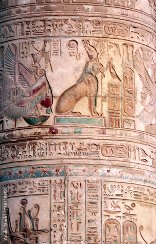 Ancient Column With Colorful Mural Wall Painting, Kom Ombo Temple of gods Horus and Sobek, Egypt. Great columns in Com-Ombo Temple Complex, Egypt, North Africa