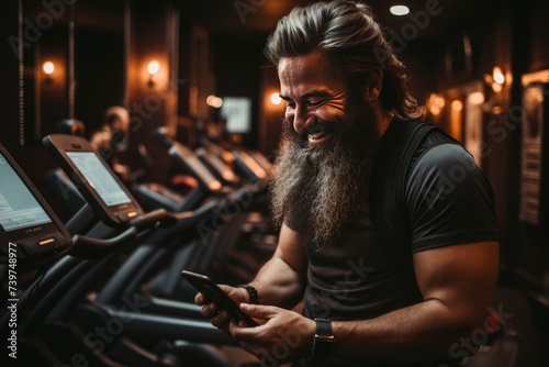 Happy athletic man using mobile phone while working out in gym and looking at camera