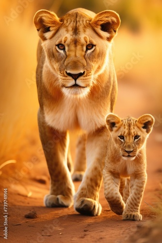 A lion with a little lion cub walks on safari
