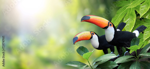Horizontal banner with two beautiful colorful toucan birds (Ramphastidae) on a branch in a rainforest. Couple of toucan bird and leaves of tropical plants on sunny background