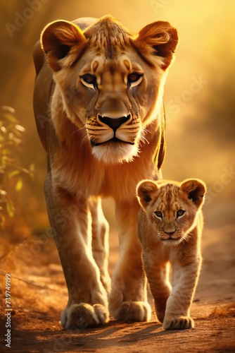 A lion with a little lion cub walks on safari