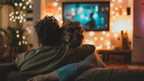 Young lovely couple hugging on couch in home living room watching a movie on movie date night
