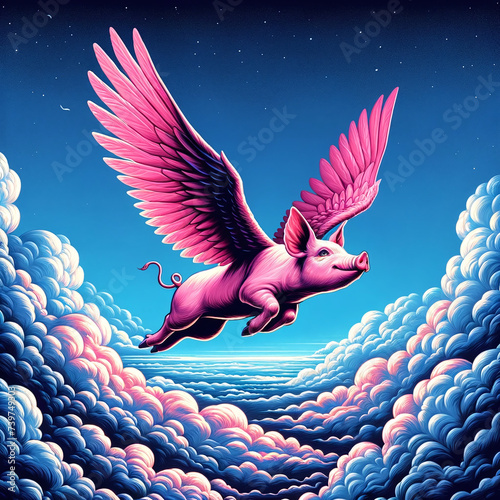 A dynamic depiction of a pig with majestic wings soaring against a deep blue sky, symbolizing freedom, adventure, and the transcendence of limitations.