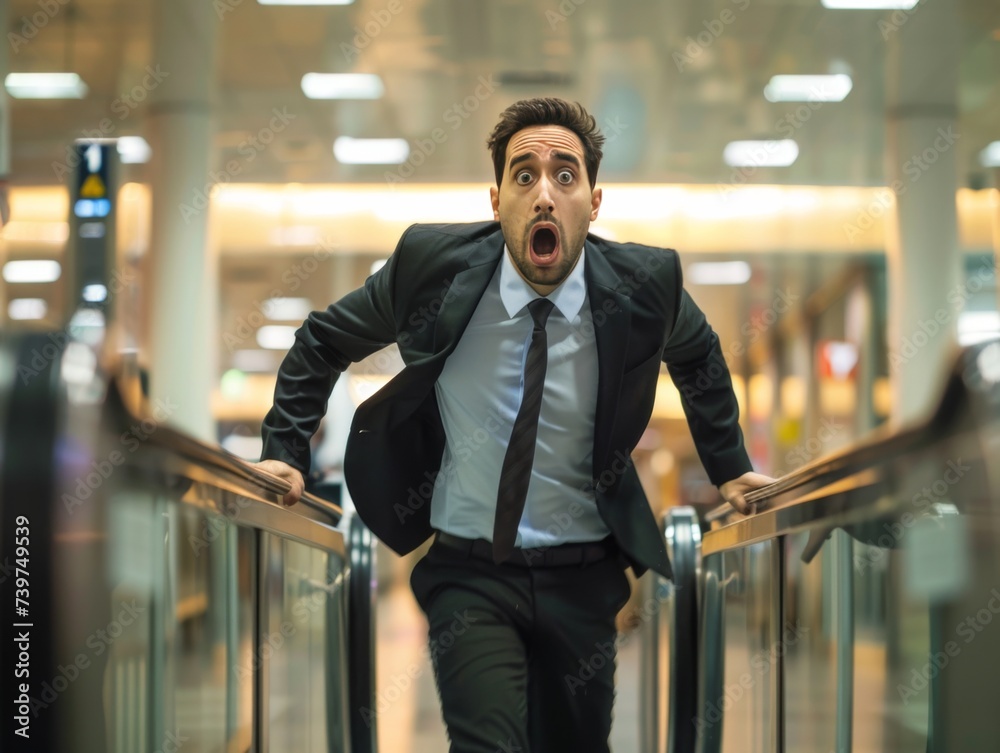 A man in a business suit is late for his flight and runs through the airport with a scared face. A man in a business suit is late for his flight and runs through the airport with a scared face.