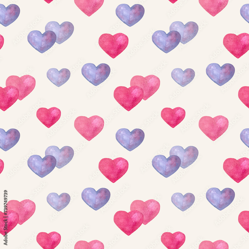 Valentine seamless pattern with pink and violet hearts on beige background for cards, scrapbooking, invitation, packaging, other design.