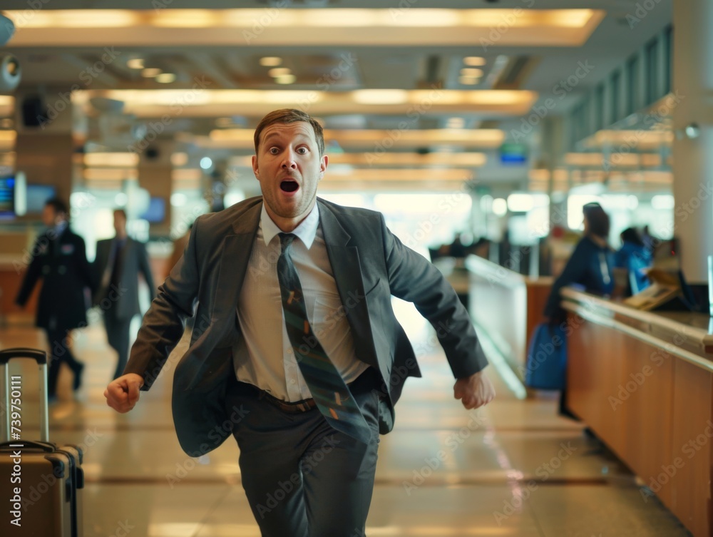 Naklejka premium A man in a business suit is late for his flight and runs through the airport with a scared face.