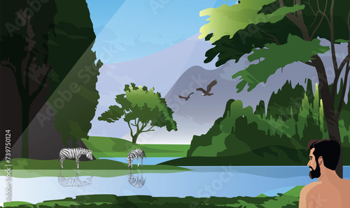 Adam stand in the garden of Eden. There are different animals in the background.  Illustration of first man. Biblical vector illustration series. 