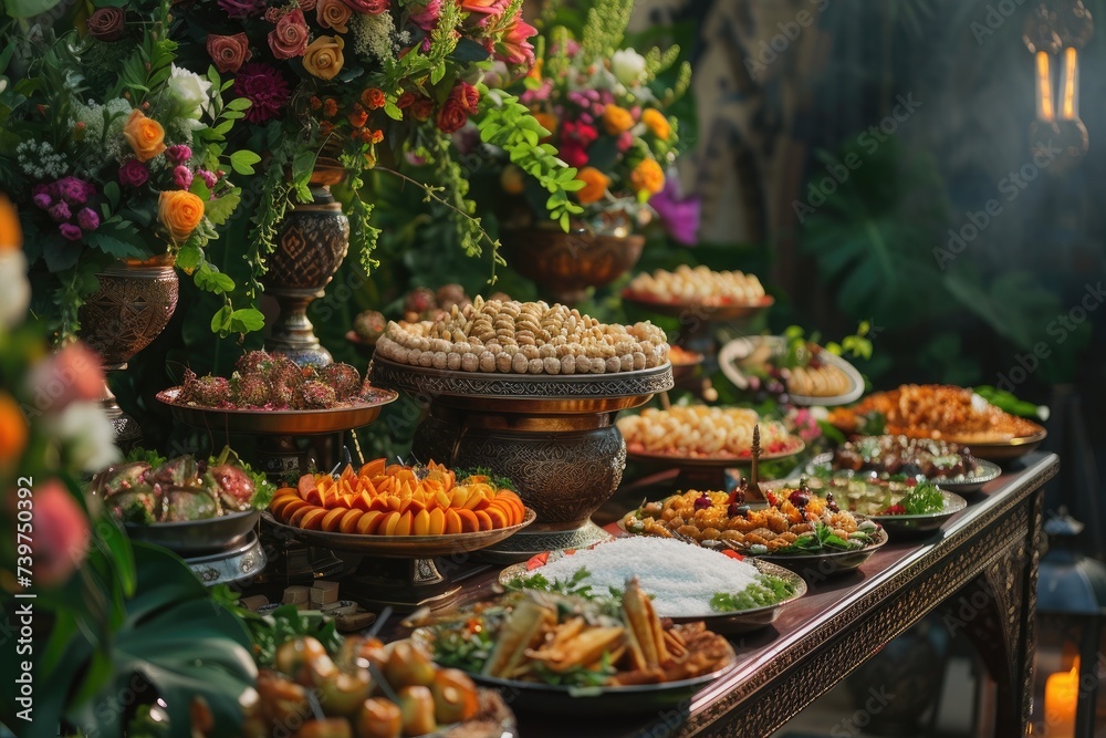 Iftar feast backdrop featuring traditional Arabic cuisine