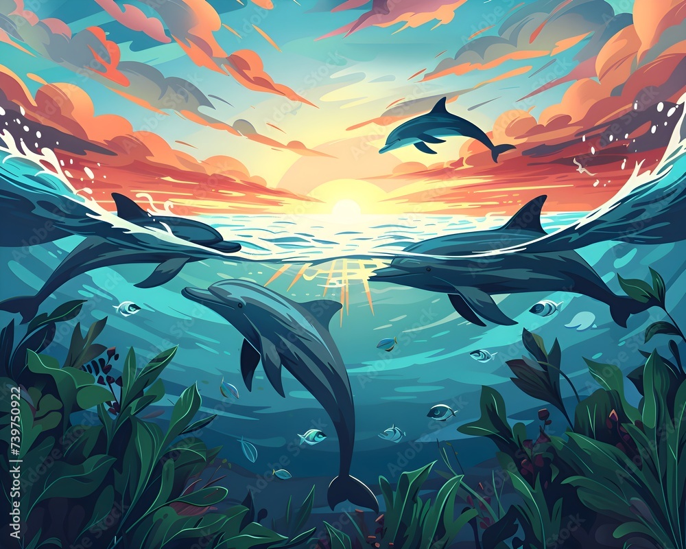 Delfine im Meer Poster / Delfin Wallpaper / Tier und Natur Illustration / Spielende Delfine / 5:4 Format / Ai-Ki generiert - obrazy, fototapety, plakaty 