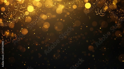 Bokeh gold lights background with Ramadan greeting written in both English and Arabic photo