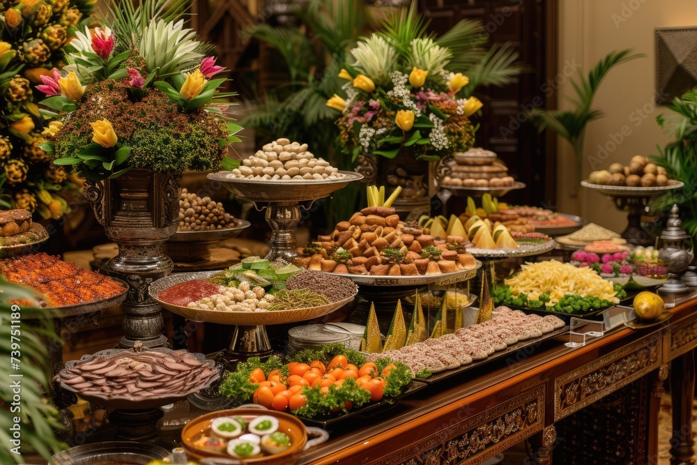 array of delicacies arranged for a grand Suhoor meal