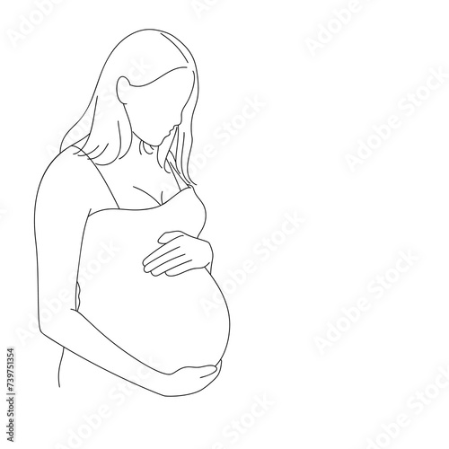 Pregnant woman one line drawing on white isolated background. Vector illustration