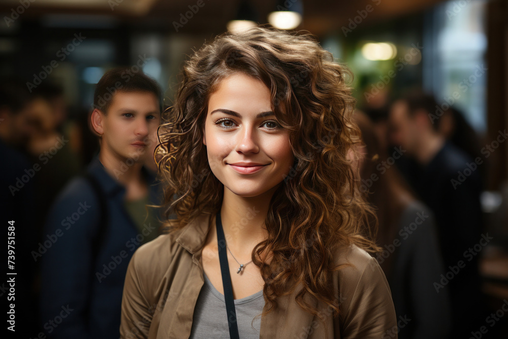 A beautiful young grinning professional woman in office with eyeglasses, folded arms and confident expression as other workers hold a meeting in background. A beautiful young grinning professional woman in office with eyeglasses, folded arms and confident expression as other workers hold a meeting in background.