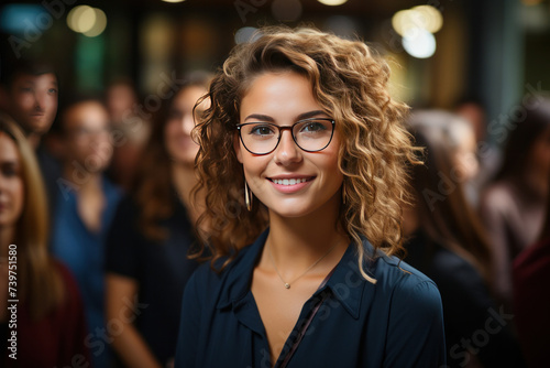 A beautiful young grinning professional woman in office with eyeglasses  folded arms and confident expression as other workers hold a meeting in background.