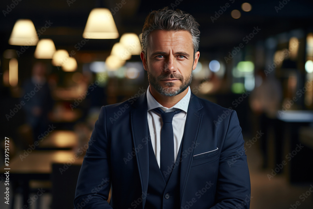 A happy middle aged business man ceo wearing suit standing in office. A happy middle aged business man ceo wearing suit standing in office.