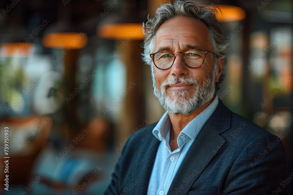 Fototapeta premium A happy middle aged business man ceo wearing suit standing in office.