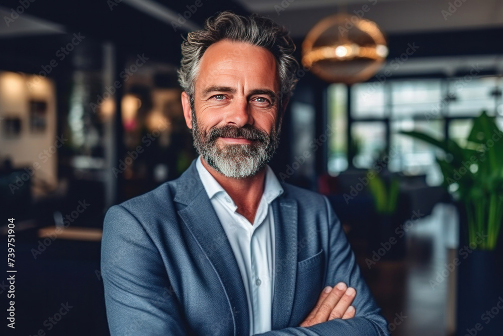 Fototapeta premium A happy middle aged business man ceo wearing suit standing in office.