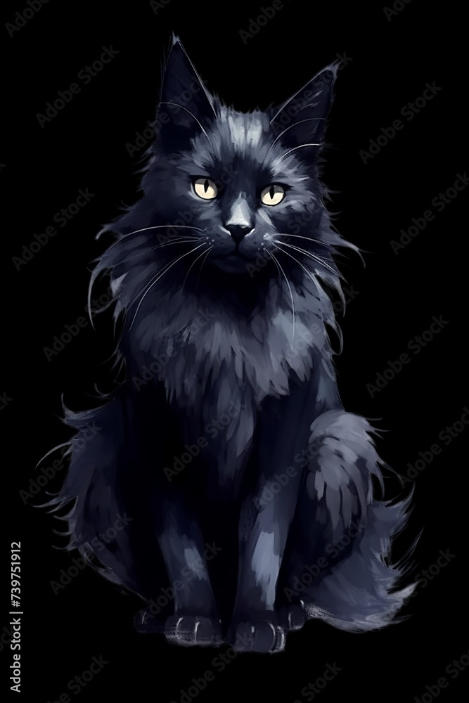 Black cat hand drawn realistic style on transparent background. 