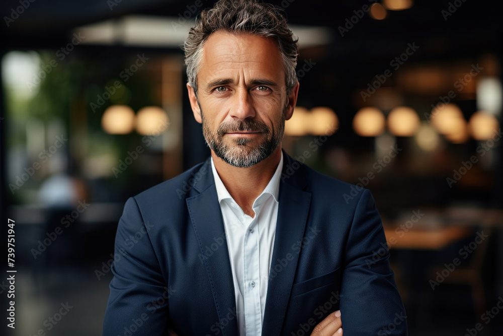 A happy middle aged business man ceo wearing suit standing in office. A happy middle aged business man ceo wearing suit standing in office.