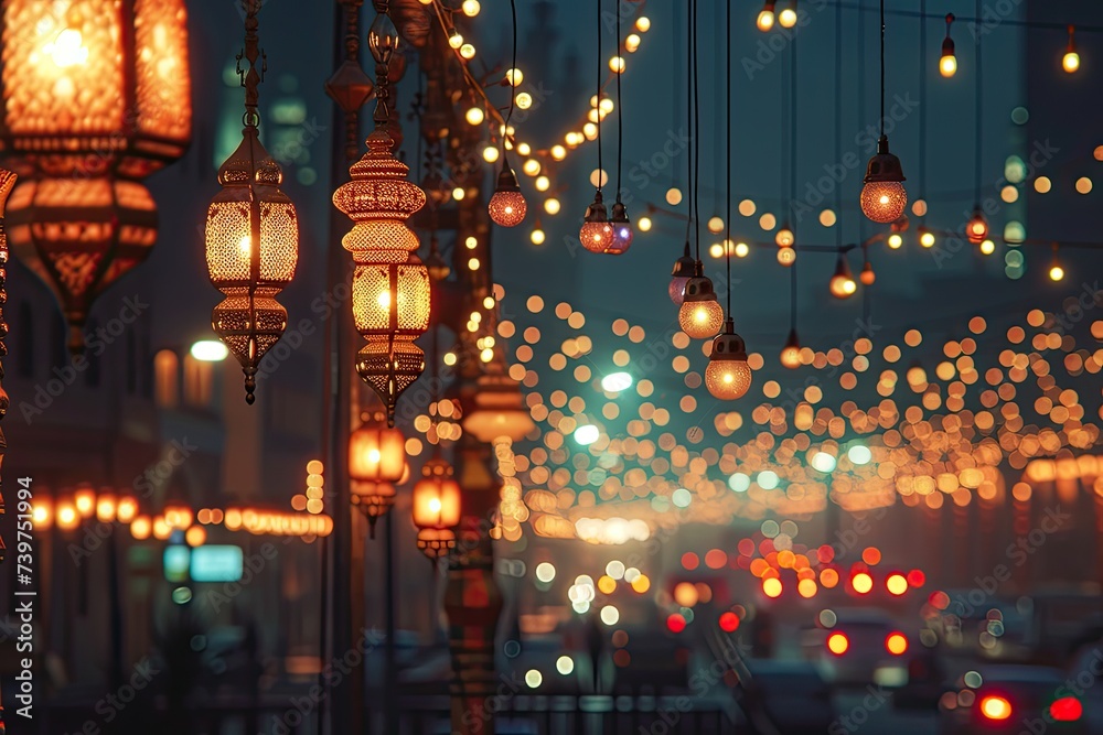 Arabian cityscape lit with decorative lights to celebrate Ramadan