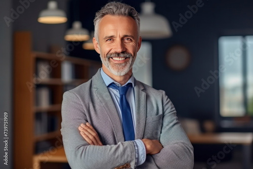 A happy middle aged business man ceo wearing suit standing in office. © tong2530