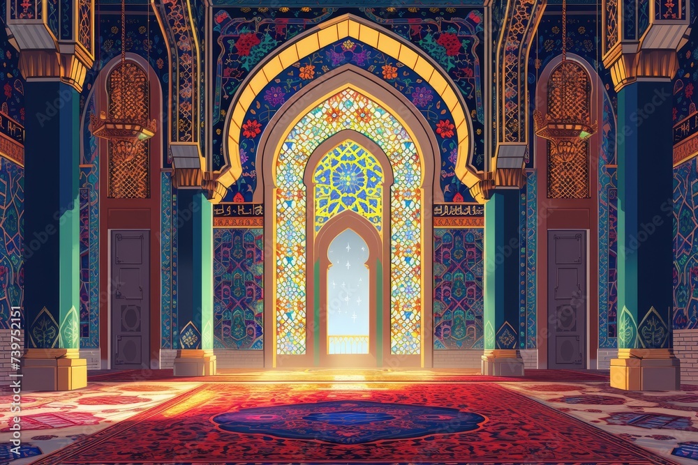 image featuring an Islamic mihrab with ornate decorations and bright jewel tones